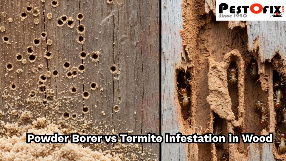 Side-by-side image: left shows powder borer infestation with small round holes and fine powder at the base; right shows termite infestation with mud tubes and hollowed wood