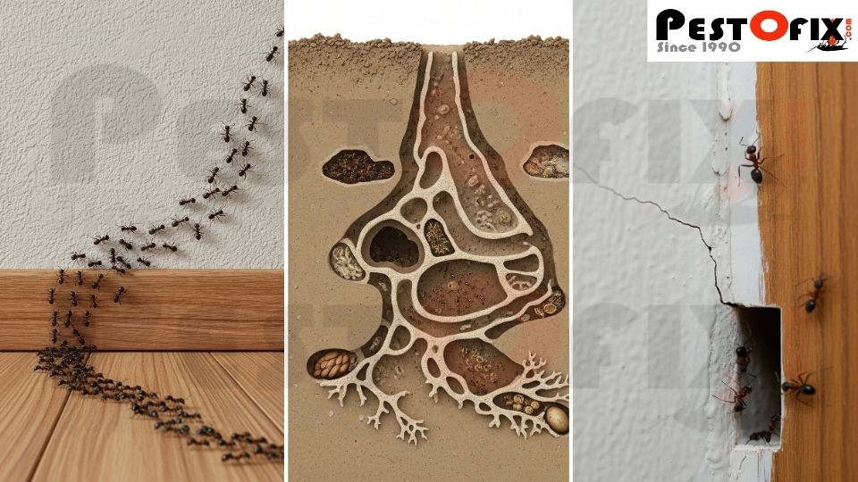 Illustrated kitchen scene showing causes and signs of ant infestation like food spills, sugar trails, entry points, and nesting spots