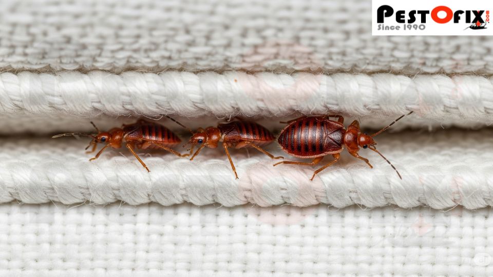 Close-up of bed bugs hiding in a mattress seam – professional bed bugs pest control