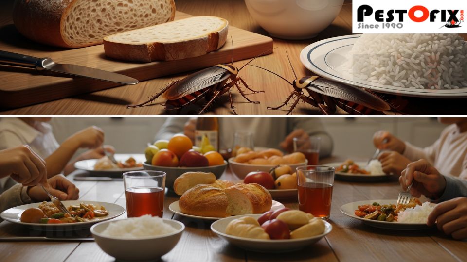 Contaminated food with cockroaches on one side and family eating the same food on the other – cockroach pest control awareness