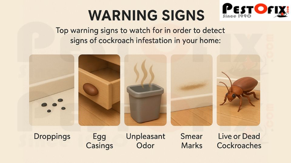Illustrated kitchen scene showing causes and signs of cockroach infestation like food crumbs, egg cases, water leaks, and hiding spots