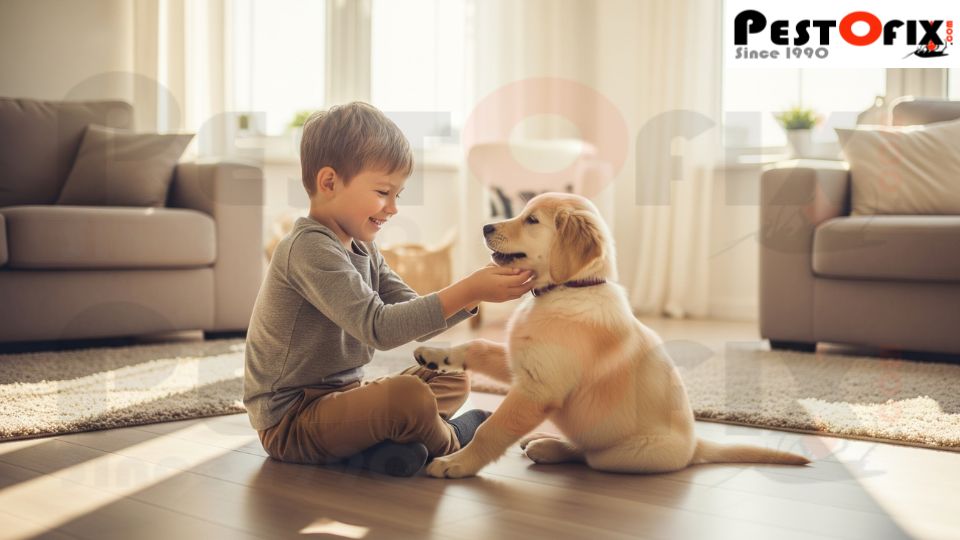 Happy child playing with a dog in a bright, modern living room with natural sunlight