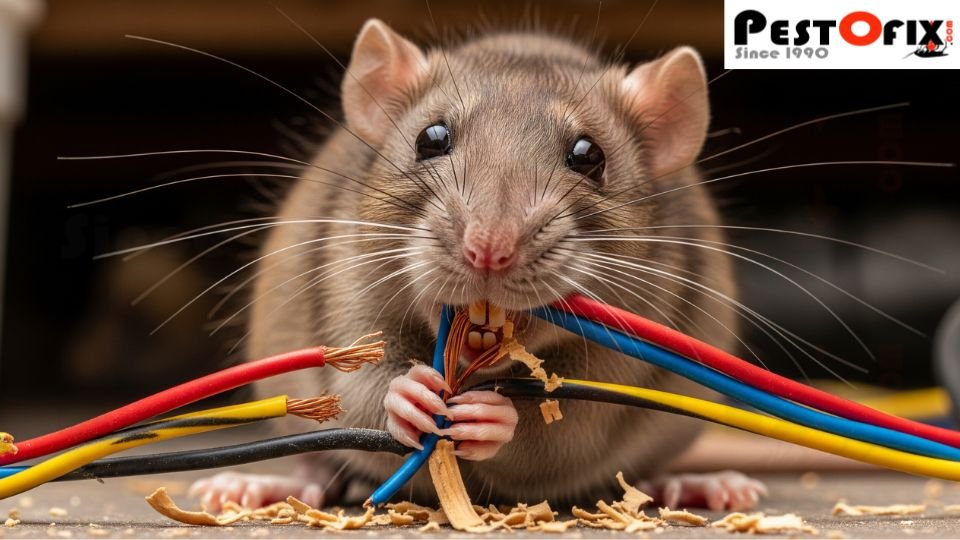 Rat chewing electrical wires in a property in Gurgaon, creating fire hazard