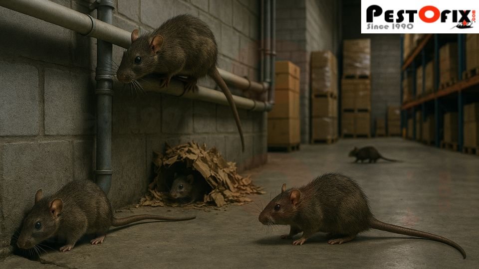 Illustration showing how rats enter and spread inside warehouses through floor cracks, plumbing lines, racks, and hidden insulation areas