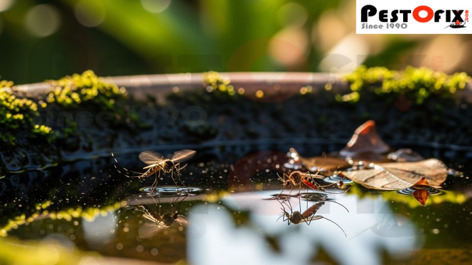 Mosquitoes breeding in a flower pot with accumulated water – professional mosquito pest control