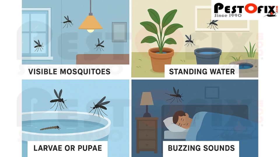 Illustration showing mosquitoes indoors and outdoors, standing water, and breeding spots – mosquito pest control awareness