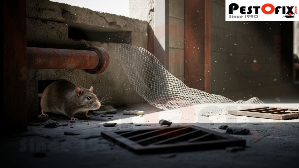 Rat entering a warehouse through structural gaps near loading docks and damaged vents