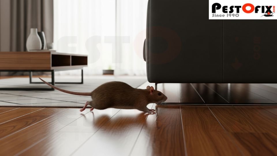 Brown rat running across living room floor toward a sofa, trying to hide quickly