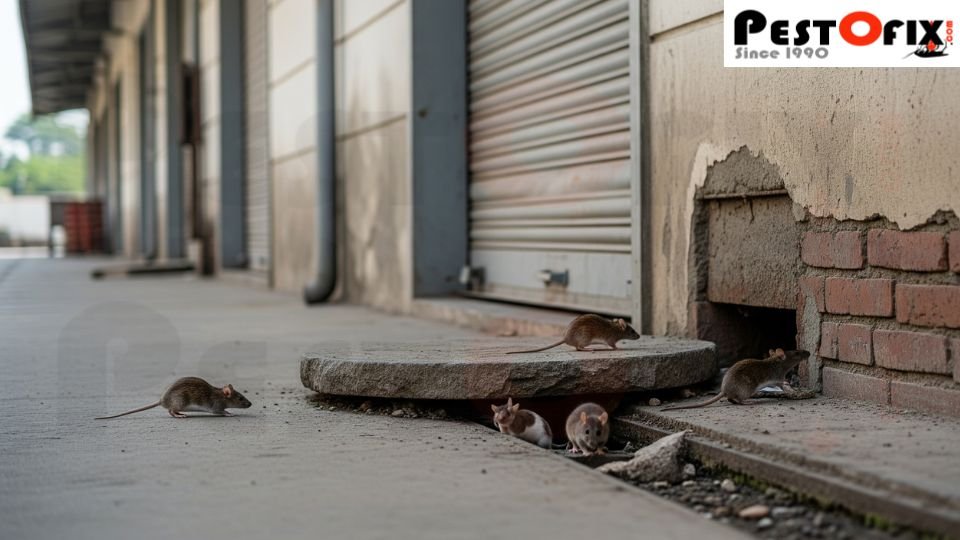 Rodents entering a warehouse from open sewers or floor drains behind the building