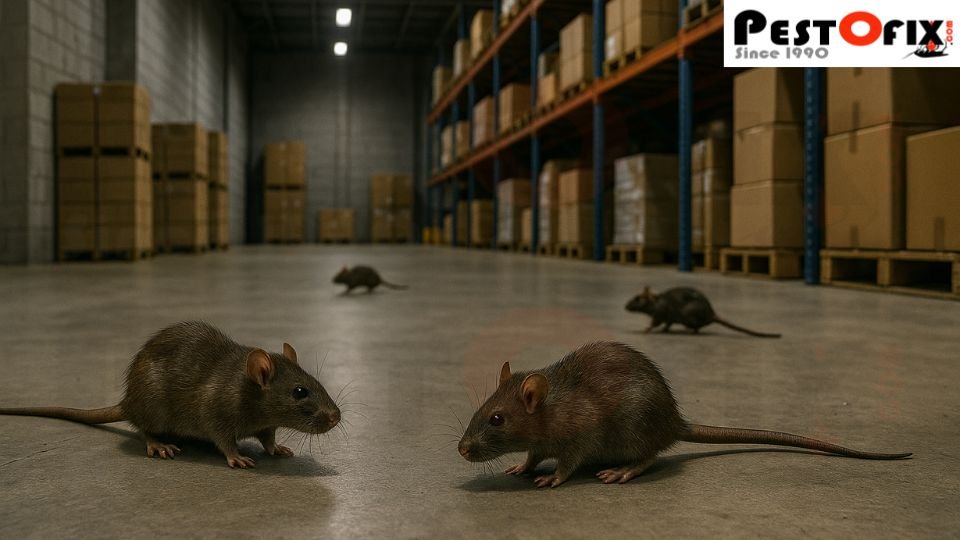 Multiple rats roaming inside a large warehouse with stacked cardboard boxes and industrial racks