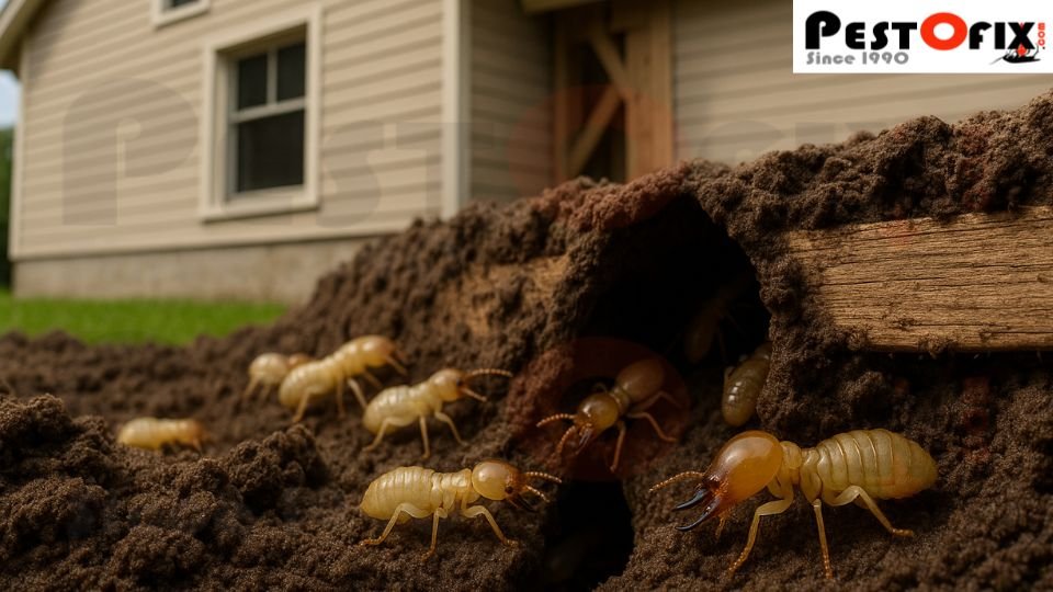 Close-up view of termites emerging from soil and attacking a house foundation