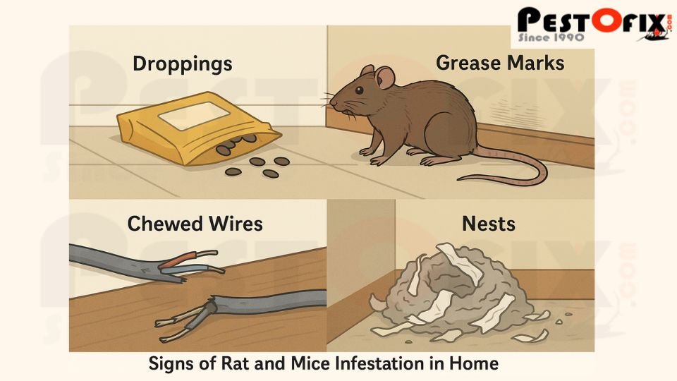 Signs of rat and mouse infestation in Gurgaon properties, including droppings, chewed wires, scratching noises, and nests