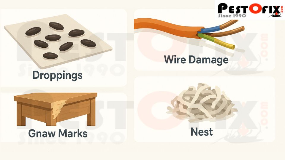 Common signs of rat and mouse infestation like droppings, chewed wires, and nests